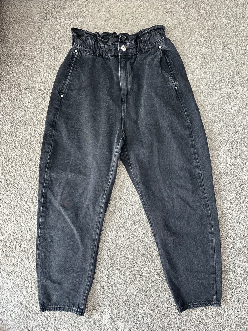 Zara High-Waist Paperbag Black Barrel Denim Jeans - Size 4 - Picture 1 of 7